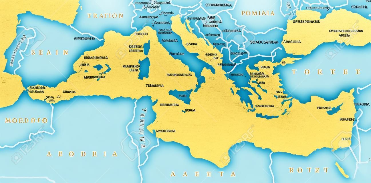 Mapa político dos países da região do Mar Mediterrâneo com fronteiras nacionais. Sul da Europa, Norte da África e Próximo Oriente com fronteiras nacionais. Rotulagem e escala em inglês. Ilustração.