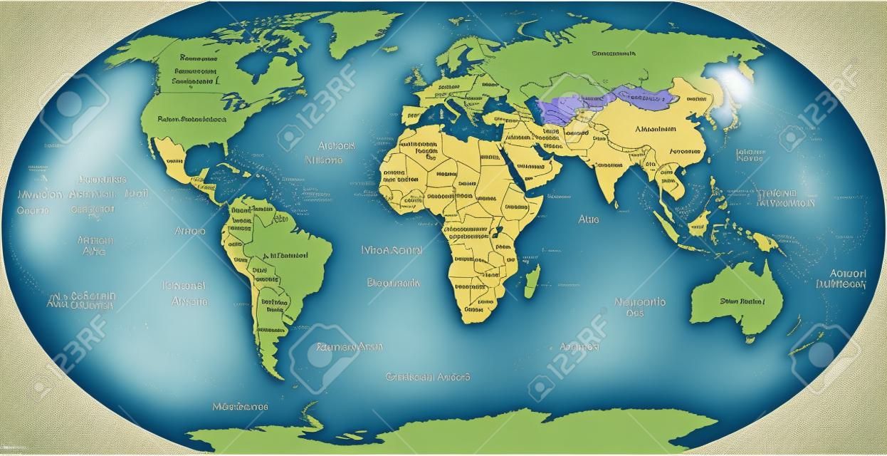 世界地圖海岸線，國界，海洋羅賓遜投影下。英文標註。插圖。