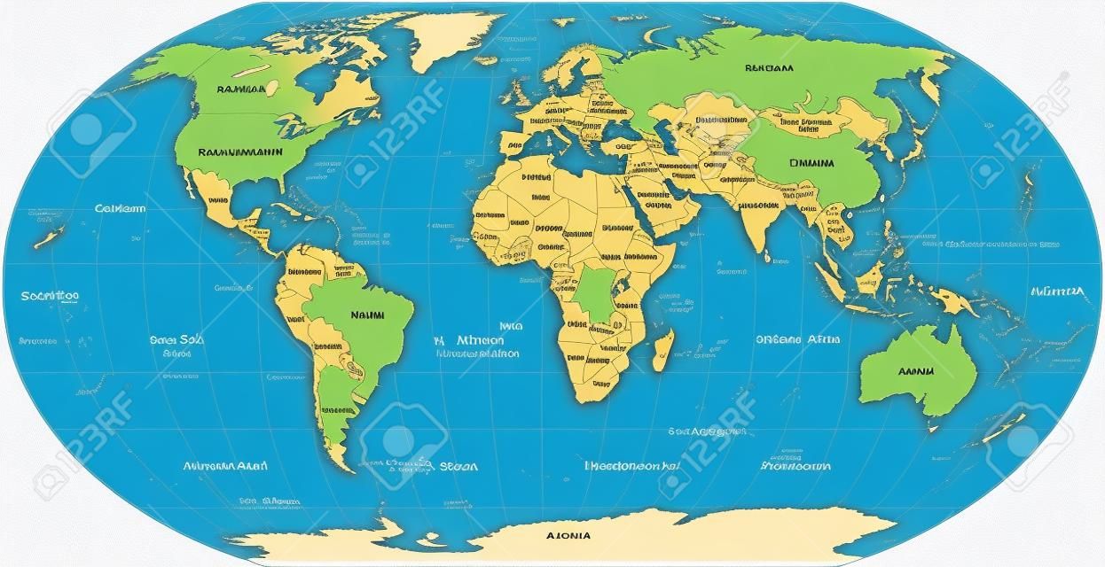 世界地図の海岸線、国境、海、ロビンソン図法の下で海に。英語のラベルします。イラスト。