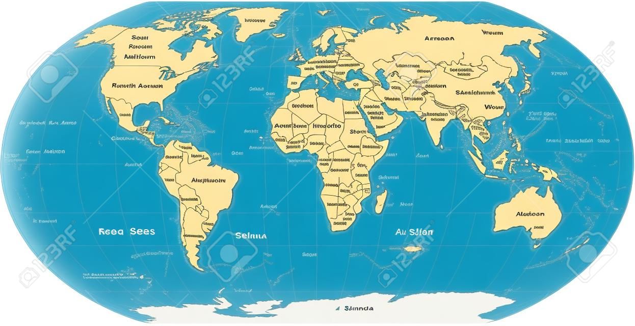 World map with shorelines, national borders, oceans and seas under the Robinson projection. English labeling. Illustration.