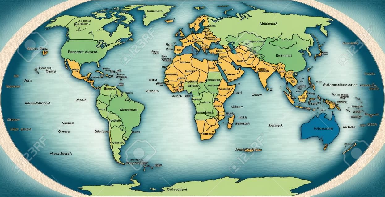 World map with shorelines, national borders, oceans and seas under the Robinson projection. English labeling. Illustration.