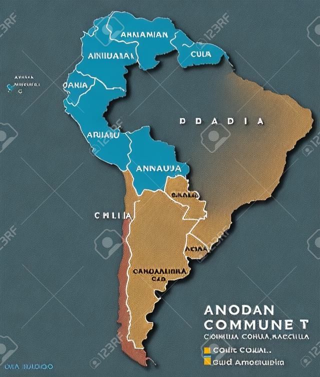 アンデス共同体の国々 マップ、貿易圏。コムニダード アンディーナ、関税同盟の南米の国ボリビア、コロンビア、エクアドル、ペルー、5 つの準メンバーで構成されることができます。アンデス山脈協定。