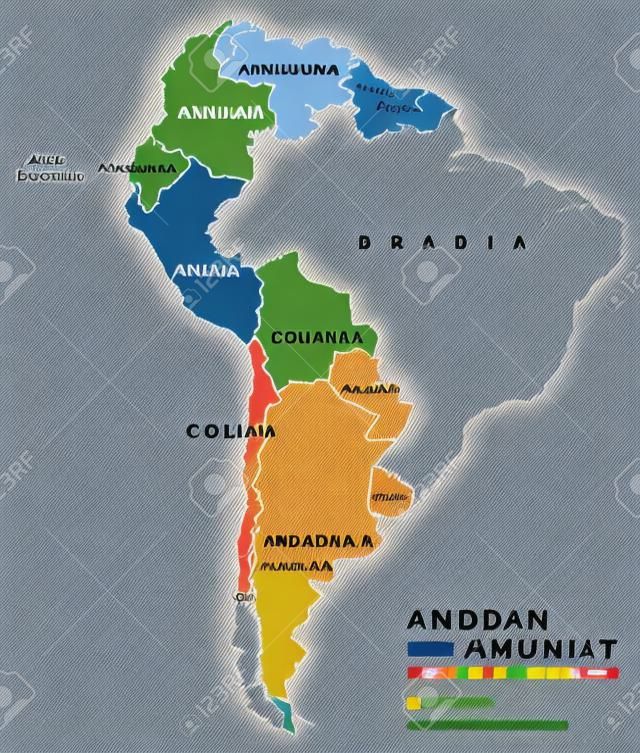 Länder der Andengemeinschaft Karte, eine Handelsblock. Comunidad Andina, CAN, Zollunion mit den südamerikanischen Ländern Bolivien, Kolumbien, Ecuador, Peru und fünf assoziierte Mitglieder. Andenpakt.