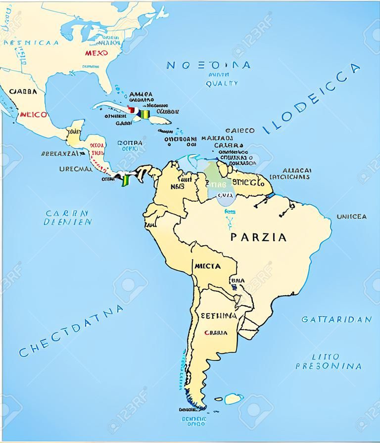 Latin-Amerika politikai térképe a főváros, a nemzeti határok, folyók és tavak. Országok északi határa a Mexikói déli csúcsától Dél-Amerikában, beleértve a Karib-térségben. Angol címkézés.