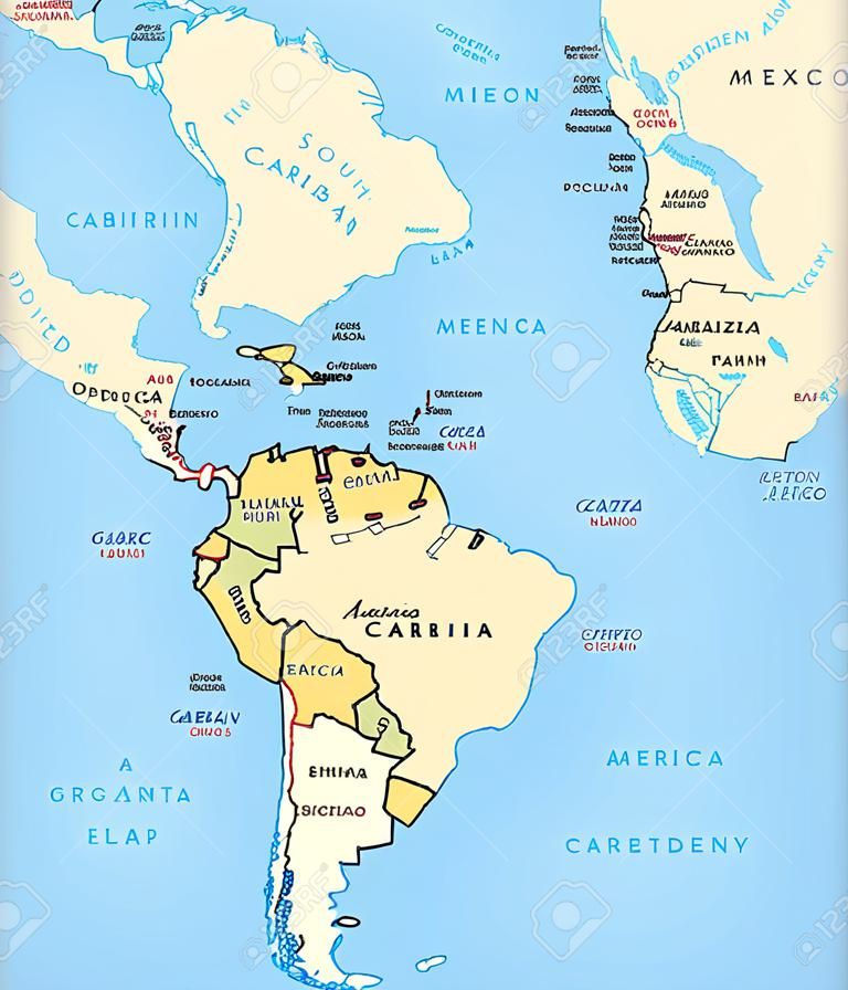 Latin-Amerika politikai térképe a főváros, a nemzeti határok, folyók és tavak. Országok északi határa a Mexikói déli csúcsától Dél-Amerikában, beleértve a Karib-térségben. Angol címkézés.