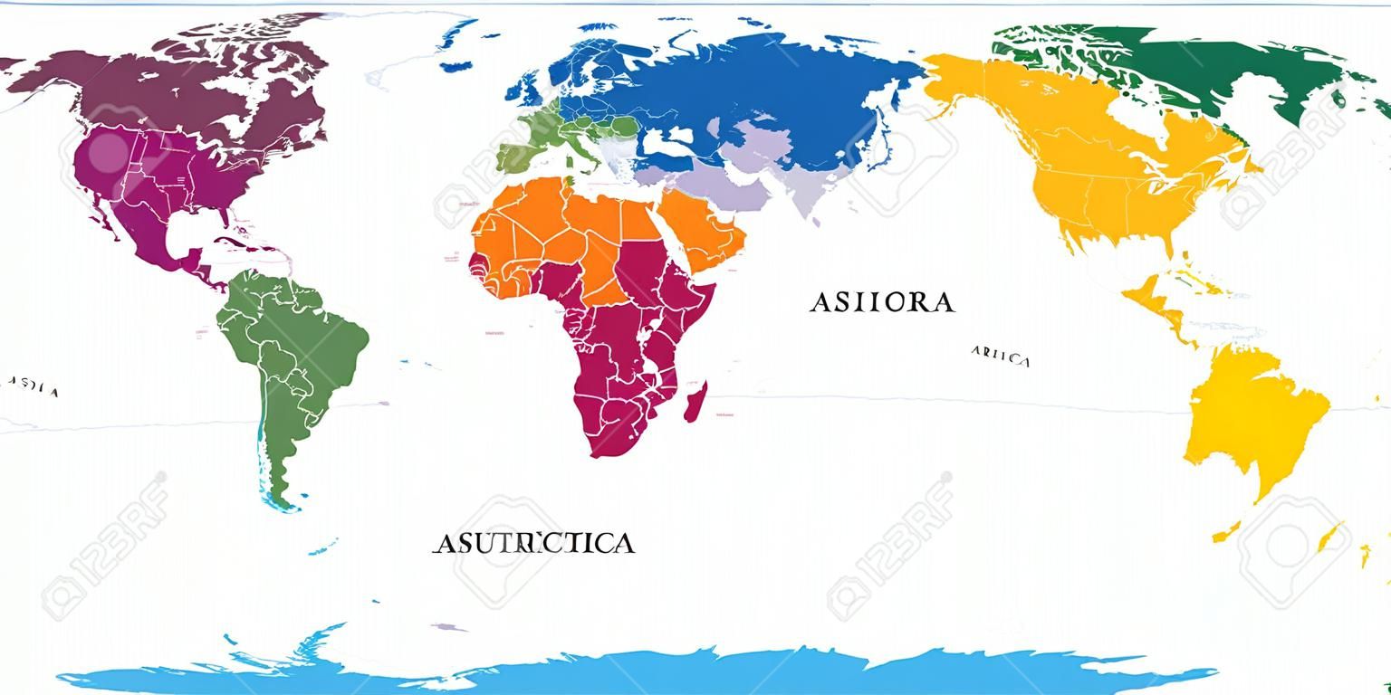 Yedi kıtada ulusal sınırlar bulunur. Asya, Afrika, Kuzey ve Güney Amerika, Antarctica, Avrupa ve Avustralya. Robinson projeksiyonu altındaki ayrıntılı harita ve beyaz zemin üzerine İngilizce etiketleme.
