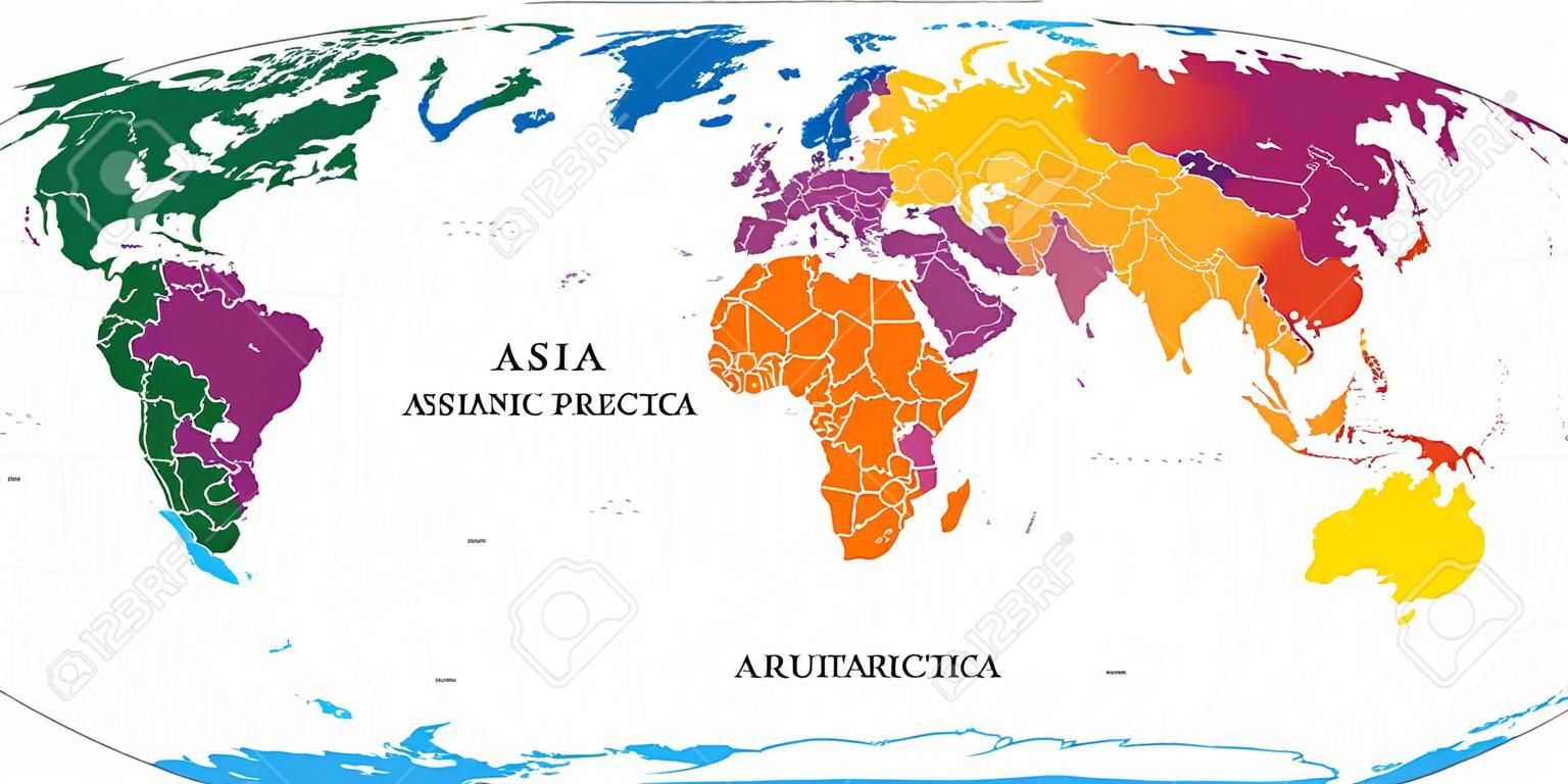 Mapa de sete continentes com fronteiras nacionais. Ásia, África, América do Norte e do Sul, Antártica, Europa e Austrália. Mapa detalhado sob projeção de Robinson e rotulagem inglesa no fundo branco.