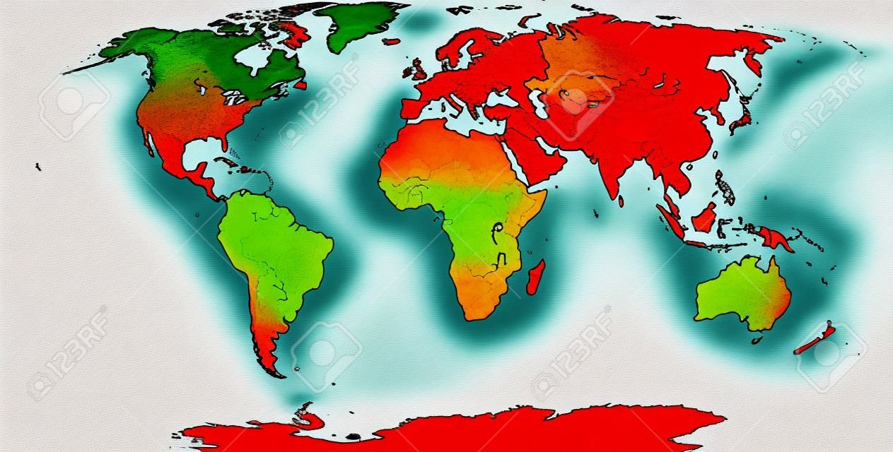 Mapa de sete continentes. Ásia amarelo, África laranja, América do Norte verde, América do Sul roxo, antárctica ciano, Europa azul e Austrália na cor vermelha. Projeção Robinson sobre branco. Ilustração.