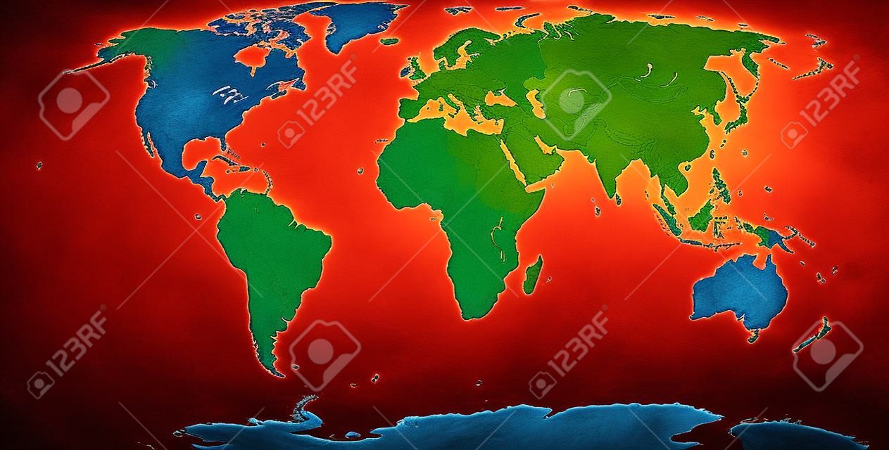 Mapa de sete continentes. Ásia amarelo, África laranja, América do Norte verde, América do Sul roxo, antárctica ciano, Europa azul e Austrália na cor vermelha. Projeção Robinson sobre branco. Ilustração.