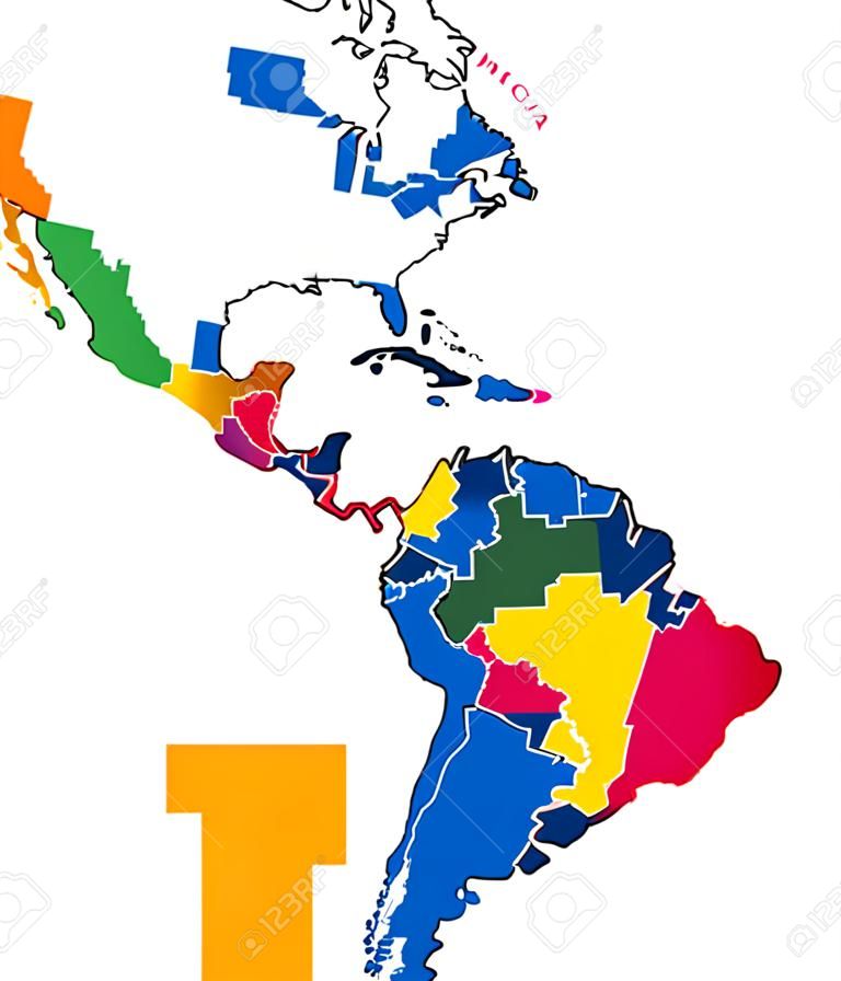 Latin-Amerika egyes államok térkép. Minden ország különböző teljes intenzív színek és a nemzeti határokat. Észak határa Mexikó déli csúcsától Dél-Amerikában, beleértve a Karib-térségben.