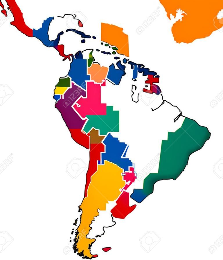 Mapa de estados únicos da América Latina. Todos os países com diferentes cores intensas e com fronteiras nacionais. Da fronteira norte do México até a ponta sul da América do Sul, incluindo o Caribe.