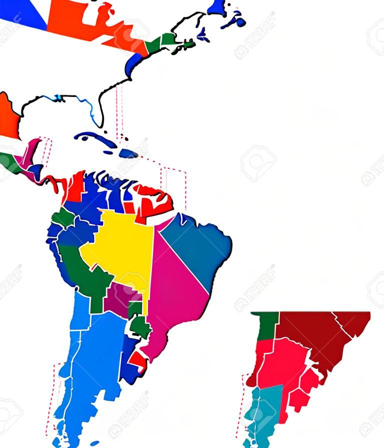 Latijns-Amerika enkele staten kaart. Alle landen in verschillende volle intense kleuren en met nationale grenzen. Van de noordelijke grens van Mexico tot de zuidelijke punt van Zuid-Amerika, waaronder het Caribisch gebied.