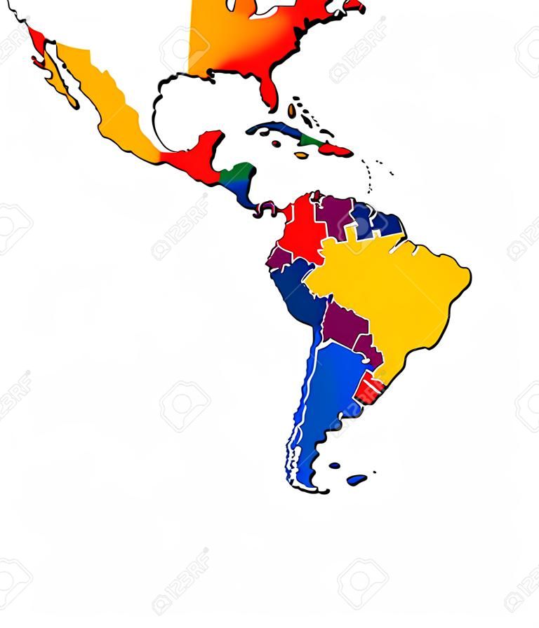 Латинская Америка одиночные государства на карте. Все страны в различных полных интенсивных цветов и с национальными границами. От северной границы Мексики до южной оконечности Южной Америки, в том числе в Карибском бассейне.