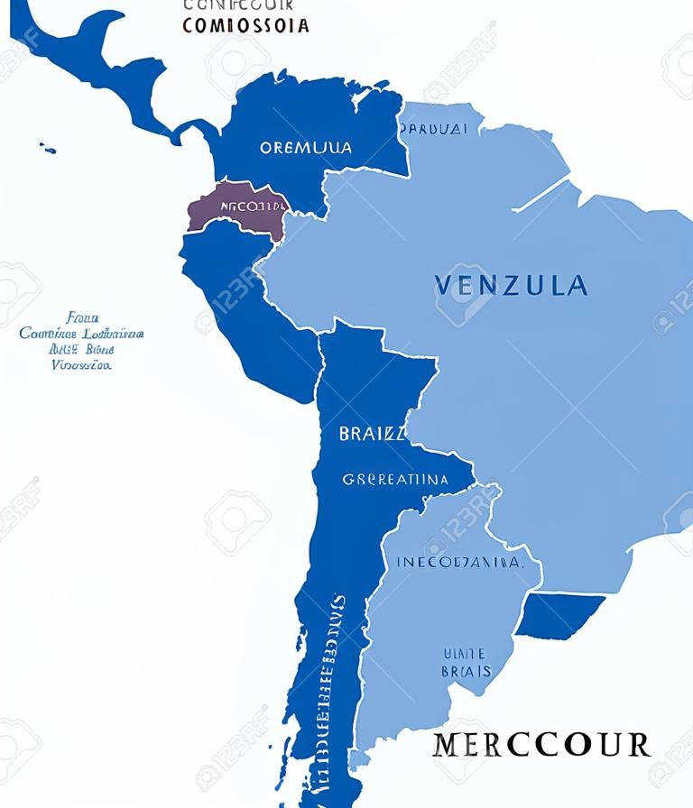 MERCOSUR ülkeleri askıya üye Venezuela ile harita. Güney Amerika Ortak Pazarı, aynı zamanda Mercosul. üyeler Arjantin, Brezilya, Paraguay, Uruguay ile serbest ticaret bloku. İngilizce etiketleme. İllüstrasyon. Vektör