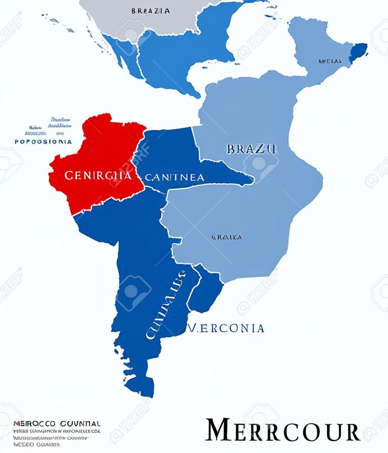 MERCOSUR ülkeleri askıya üye Venezuela ile harita. Güney Amerika Ortak Pazarı, aynı zamanda Mercosul. üyeler Arjantin, Brezilya, Paraguay, Uruguay ile serbest ticaret bloku. İngilizce etiketleme. İllüstrasyon. Vektör