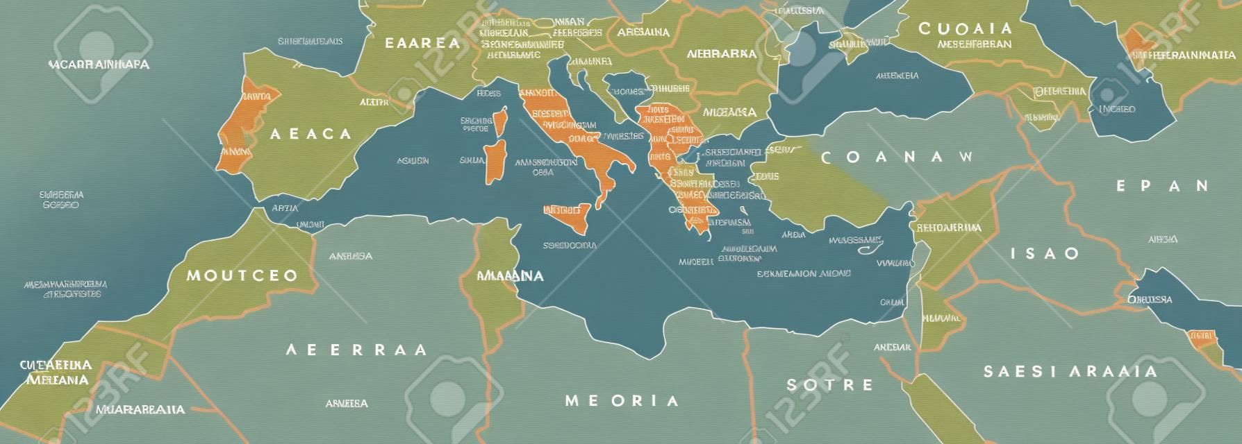 Mediterranean Basin political map. Mediterranean region, also Mediterranea. Lands around Mediterranean Sea. South Europe, North Africa and Near East. Gray illustration with English labeling. Vector.