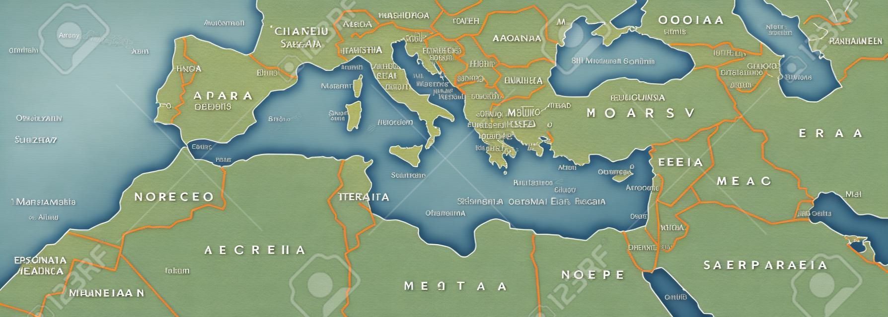 Middellandse Zee Basin politieke kaart. Middellandse Zee regio, ook Mediterranea. Landen rond de Middellandse Zee. Zuid-Europa, Noord-Afrika en het Nabije Oosten. Grijze illustratie met Engelse labeling. Vector.