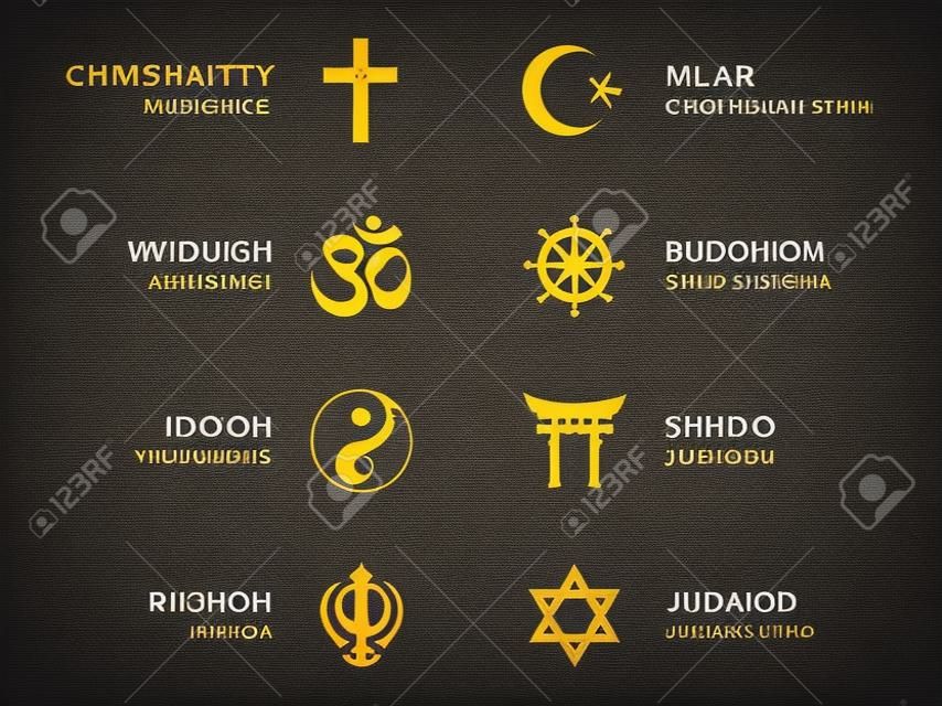 World religion symbols. Eight signs of major religious groups and religions. Christianity, Islam, Hinduism, Buddhism, Taoism, Shinto, Sikhism and Judaism, with English labeling. Illustration. Vector.