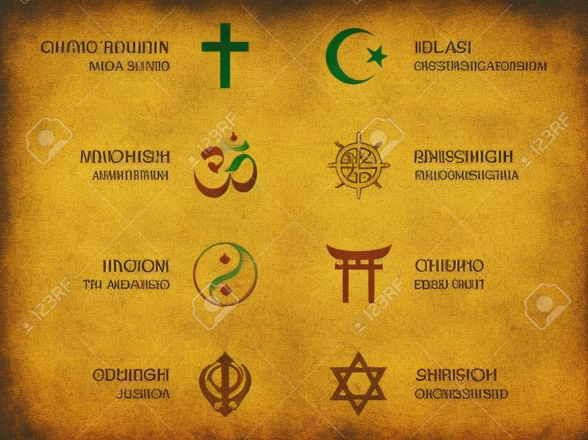 Símbolos de la religión del mundo. Ocho signos de los principales grupos religiosos y religiones. El cristianismo, el Islam, el hinduismo, el budismo, el taoísmo, sintoísmo, el sijismo y el judaísmo, con el etiquetado Inglés. Ilustración. Vector.