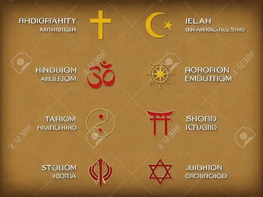 世界宗教符号八符号主要宗教团体和宗教基督教伊斯兰教印度教，佛教、道教、神道教、锡克教和犹太教英文标记插画矢量