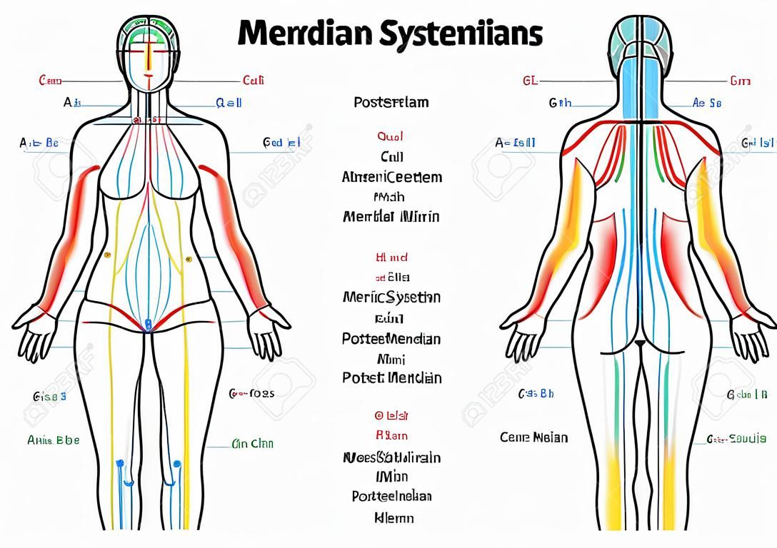 MERIDIAN 시스템 차트 - 전방 및 후방보기 - - 전통 중국 의학 원금과 중심선 침술 자오선과 여성의 몸.