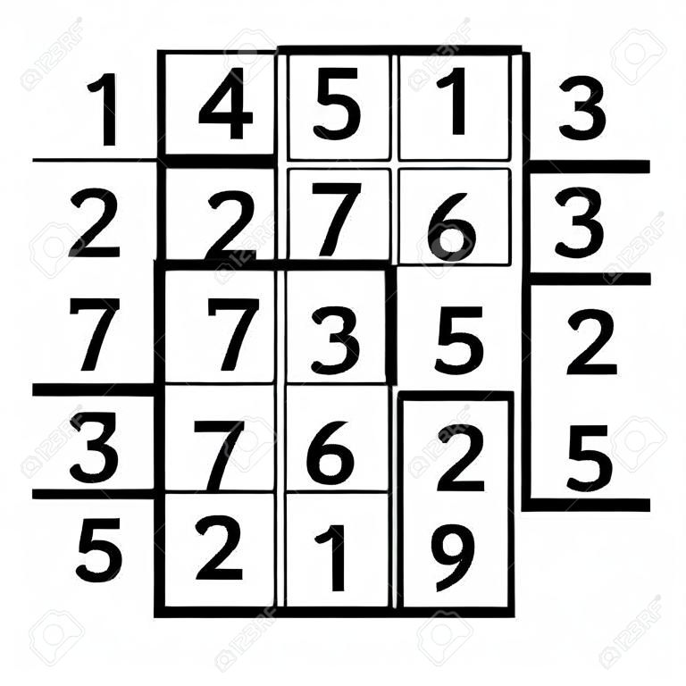 5x5 magic square of order 5 of astrological planet Mars with magic constant 65. The sum of numbers in any row, column, or diagonal is always sixty-five. Isolated black and white illustration. Vector.