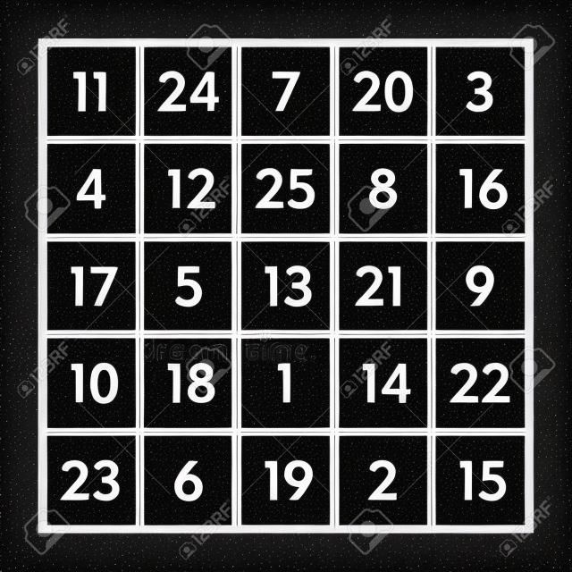 5x5 magic square of order 5 of astrological planet Mars with magic constant 65. The sum of numbers in any row, column, or diagonal is always sixty-five. Isolated black and white illustration. Vector.