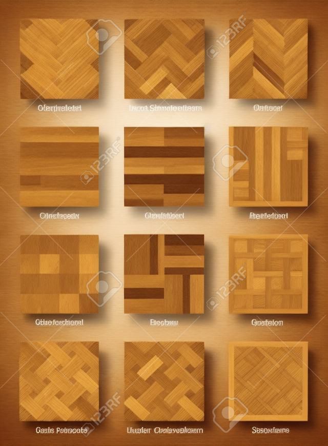 Diagramma del modello del parchè - campioni di pavimentazione di legno più popolari di parquet con i nomi - illustrazione isolata di vettore su fondo bianco.
