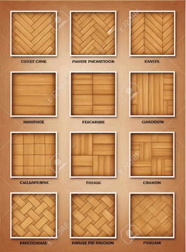 Parquet patterns - collection of most popular flooring samples with names - isolated outline vector illustration on white background.