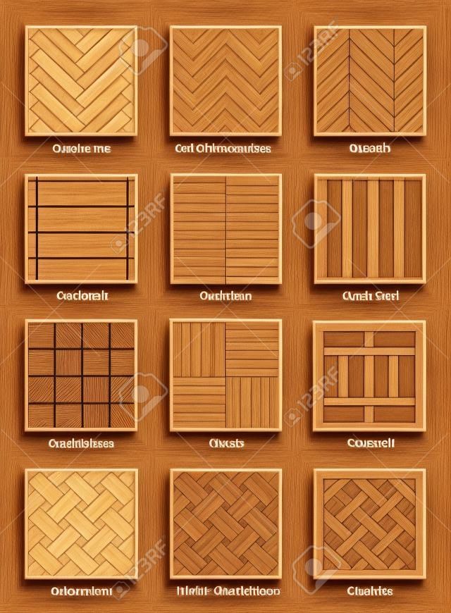 木條地板樣式-多數普遍的地板樣品的匯集與名字的-在白色背景的被隔絕的概述傳染媒介例證。