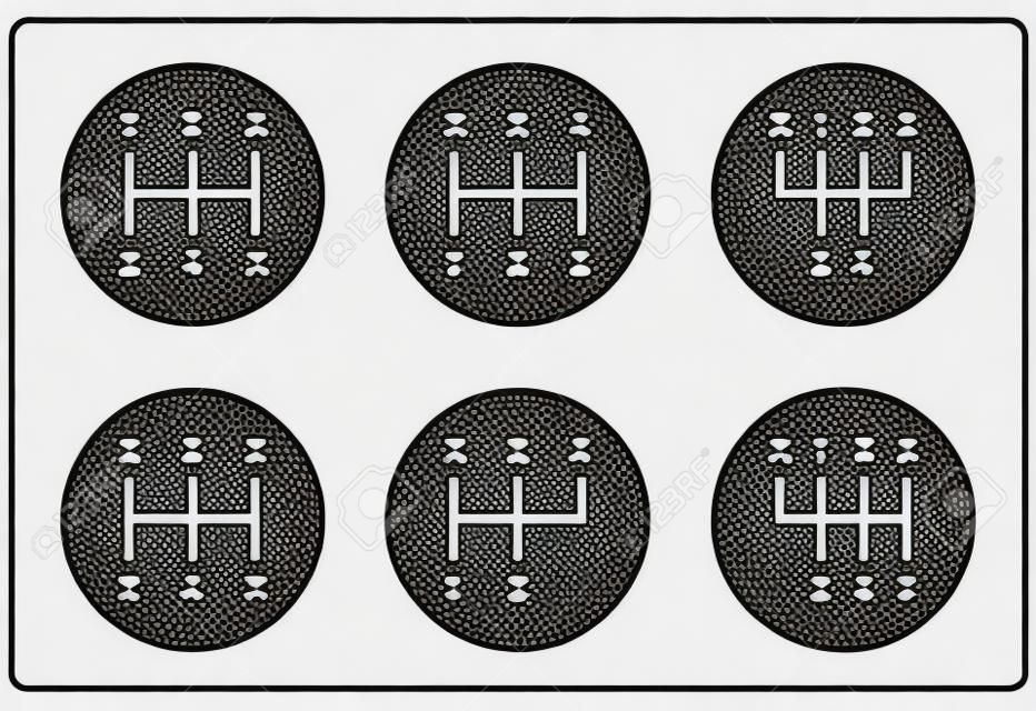 Шесть различных моделей переключения передач. Позиции для рычага переключения передач, также называемые переключением передач или переключателем. Пятискоростные и шестиступенчатые паттерны на ручке. Черно-белая иллюстрация над белым. Вектор.