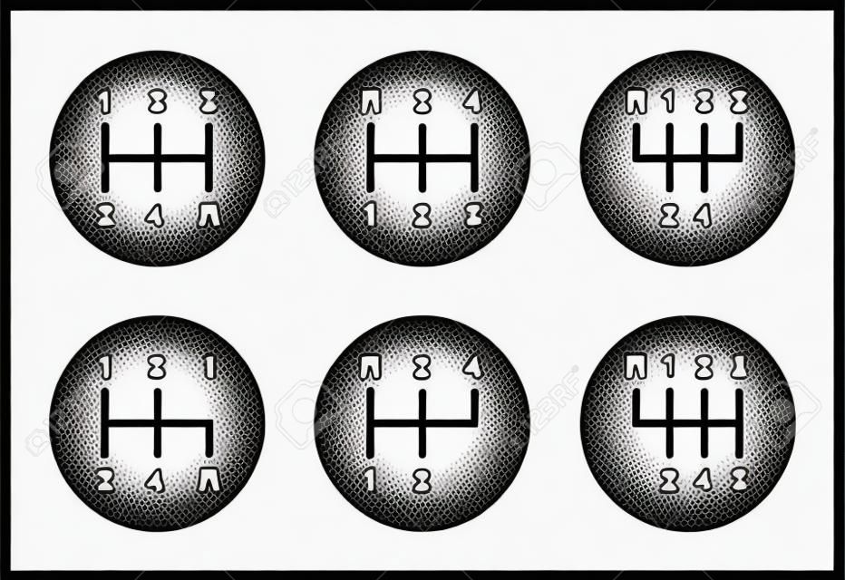 Six different gear stick shift patterns. Positions for the gear lever, also called gearshift or shifter. Five-speed and six-speed patterns on a knob. Black and white illustration over white. Vector.