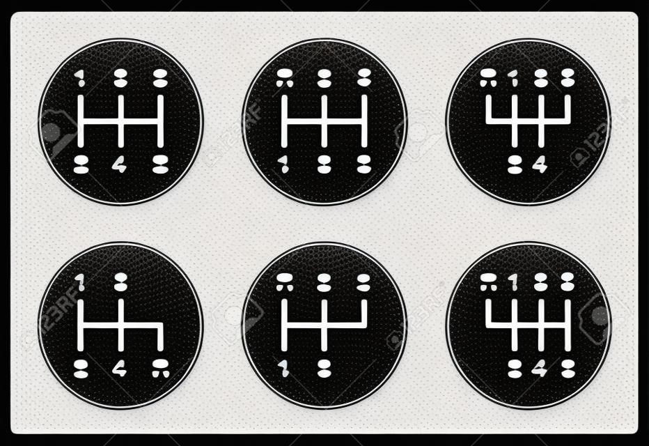 Six different gear stick shift patterns. Positions for the gear lever, also called gearshift or shifter. Five-speed and six-speed patterns on a knob. Black and white illustration over white. Vector.