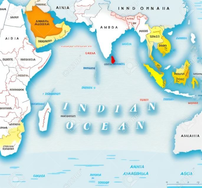 Indiai-óceáni politikai térkép. Országok és határok. A világ harmadik legnagyobb óceánrészlege, amelyet Afrika, Ázsia, az Antarktisz és Ausztrália határol. India után nevezik. Ábra. Angol címkézés. Vektor.