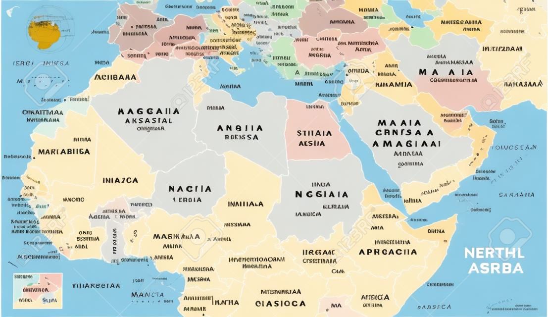 Северная Африка и Ближневосточная политическая карта с важнейшими столицами и международными границами. Магриба, Средиземноморья, Западной и Центральной Азии. Иллюстрация с английской маркировкой. Вектор