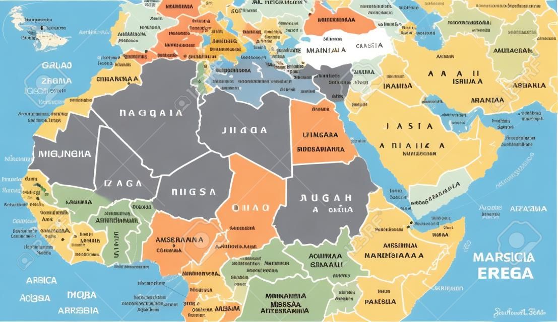 Mappa politica del Nord Africa e Medio Oriente con le capitali più importanti e le frontiere internazionali. Maghreb, mediterranei, occidentali e asiatici. Illustrazione con l'etichetta inglese. Vettore