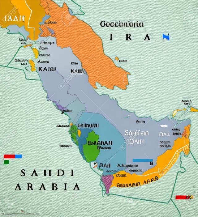 Политическая карта стран региона Персидского залива. Капители, границы, города и реки. Иран, Ирак, Кувейт, Катар, Бахрейн, Объединенные Арабские Эмираты, Саудовская Аравия, Оман. Иллюстрация. Английская маркировка. Вектор.