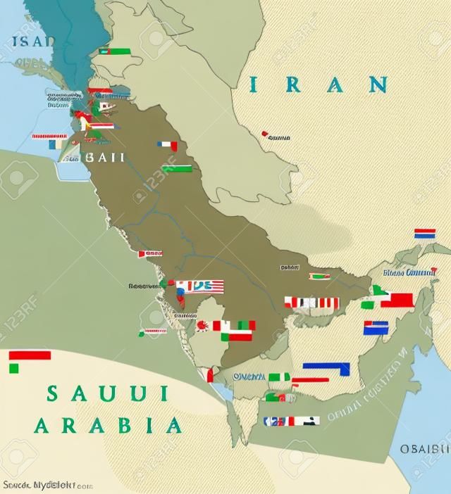 Persian Gulf region countries political map. Capitals, borders, cities and rivers. Iran, Iraq, Kuwait, Qatar, Bahrain, United Arab Emirates, Saudi Arabia, Oman. Illustration. English labeling. Vector.