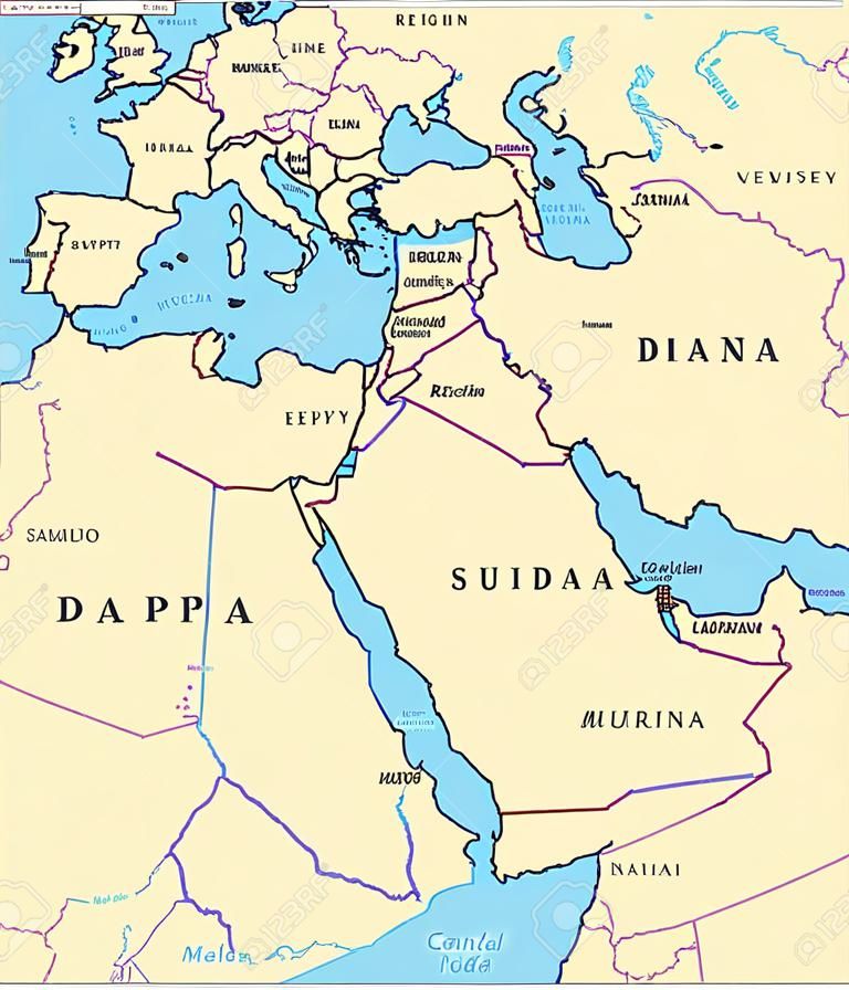 Mappa politica del Medio Oriente con capitali e confini nazionali. La regione transcontinentale è concentrata sull'Asia occidentale e l'Egitto. Anche Medio Oriente, Vicino o Estremo Oriente. Illustrazione. Etichettatura inglese. Vettore.