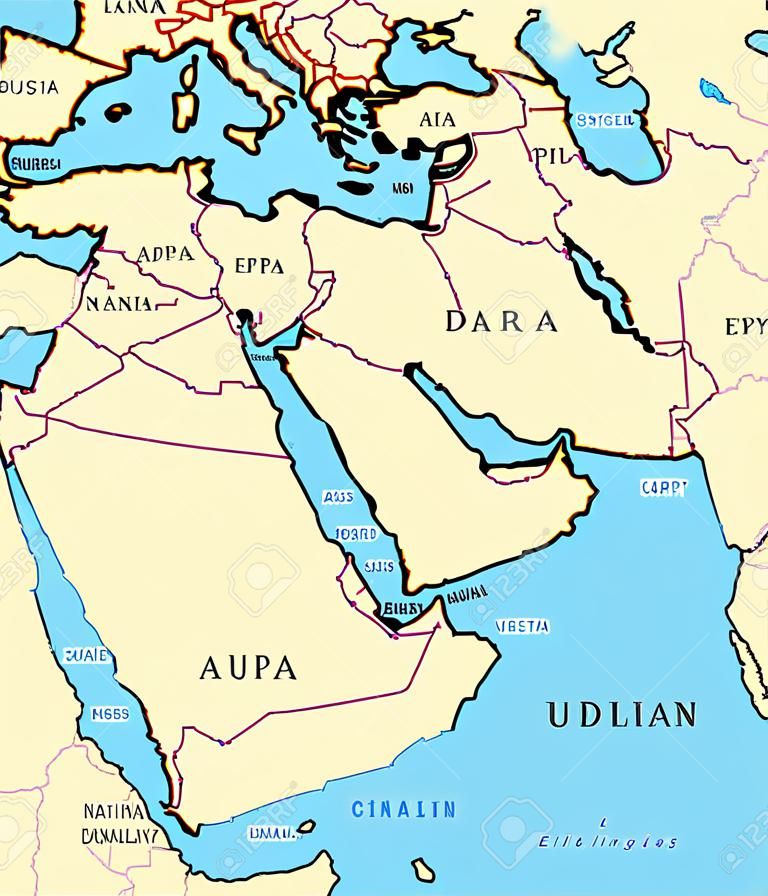 Mappa politica del Medio Oriente con capitali e confini nazionali. La regione transcontinentale è concentrata sull'Asia occidentale e l'Egitto. Anche Medio Oriente, Vicino o Estremo Oriente. Illustrazione. Etichettatura inglese. Vettore.