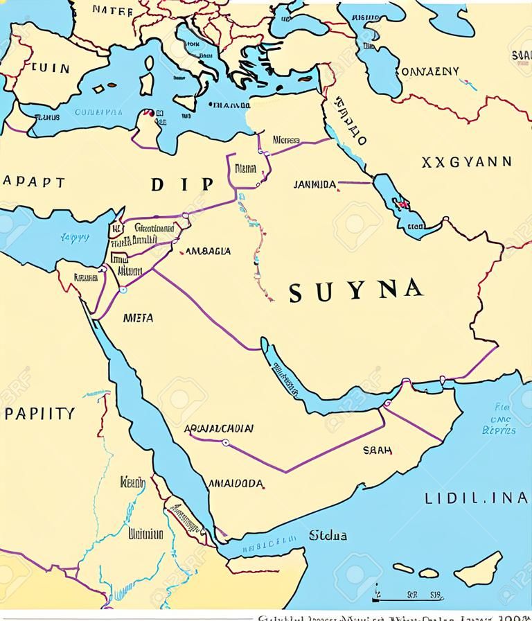 Middle East political map with capitals and national borders. Transcontinental region centered on Western Asia and Egypt. Also Middle-Eastern, Near or Far East. Illustration. English labeling. Vector.