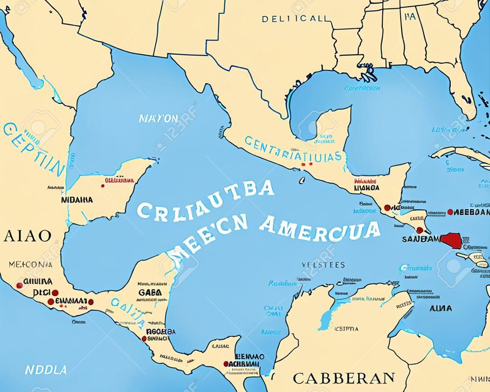 Közép-Amerika politikai térkép fővárosokkal és határokkal. Az amerikai kontinens közepes szélességi területei. Mexikó, Közép-Amerika, a Karib-térség és Észak-Dél-Amerika. Ábra. Angol címkézés. Vektor.