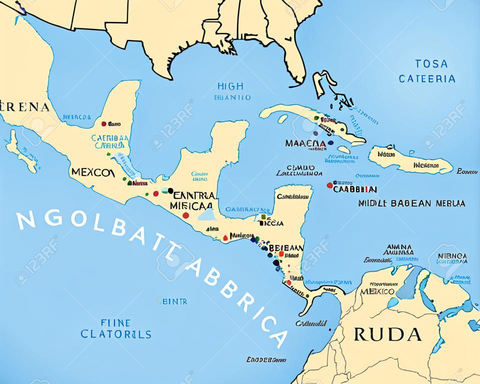 Mapa polityczna Ameryki Środkowej ze stolicami i granicami. Średnie szerokości geograficzne regionu Ameryki Północnej. Meksyku, Ameryce Środkowej, Karaibach i Północnej Ameryce Południowej. Ilustracja. Etykietowanie w języku angielskim. Wektor.