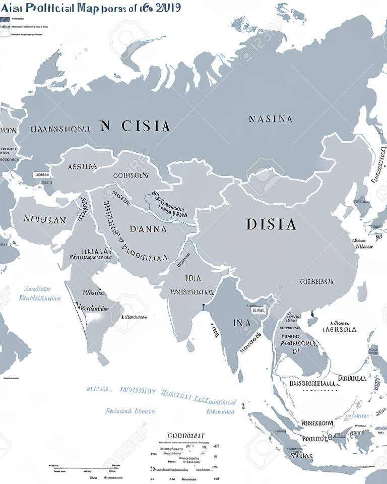 Asien-politische Karte mit Grenzen und Ländern. Größter und bevölkerungsreichster Kontinent. Graue Illustration auf weißem Hintergrund. Englische Beschriftung. Vektor.
