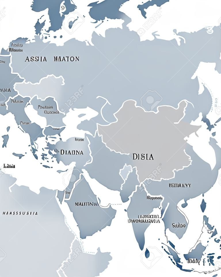 Asien-politische Karte mit Grenzen und Ländern. Größter und bevölkerungsreichster Kontinent. Graue Illustration auf weißem Hintergrund. Englische Beschriftung. Vektor.