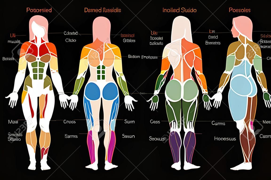 Muscle chart with most important muscles of the female body - colored anterior and posterior view - labeled isolated vector illustration on black background.