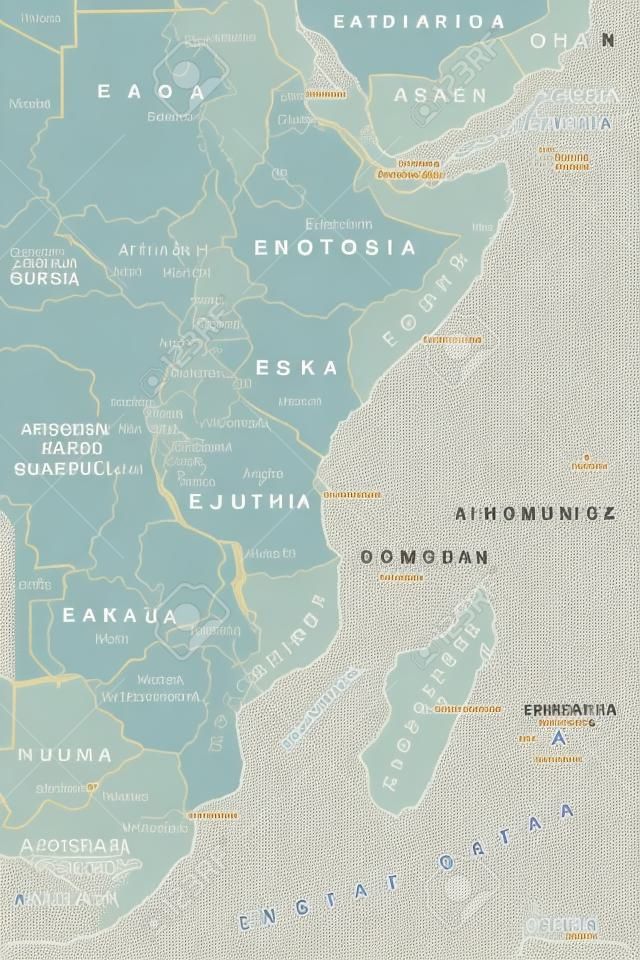 Região da África Oriental, mapa político. Área com capitais, fronteiras, lagos e rios importantes. Região pascal do continente africano, também chamada de África Oriental. Rotulagem em inglês. Ilustração. Vetor