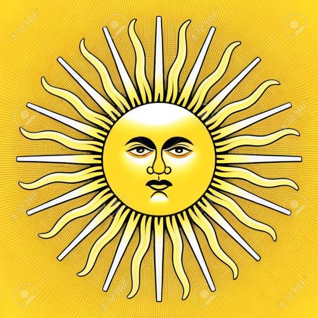 5月的太陽，西班牙語Sol de Mayo，阿根廷的國旗。燦爛的金黃色的太陽與一張臉和十六個直線和十六個波浪射線。在白色的例證。向量。
