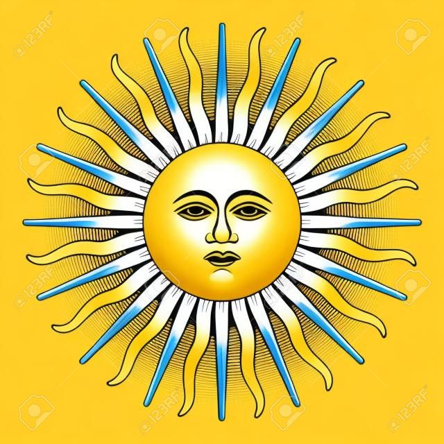 5 월의 일요일, 스페인 국기에 아르헨티나의 국장 인 Sol de Mayo. 얼굴과 16 개의 직선 및 16 개의 물결 모양의 광선을 가진 빛나는 황금빛 노란 태양. 흰색 위에 그림입니다. 벡터.