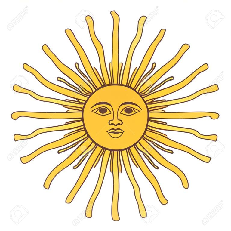 5月的太陽，西班牙語Sol de Mayo，阿根廷的國旗。燦爛的金黃色的太陽與一張臉和十六個直線和十六個波浪射線。在白色的例證。向量。